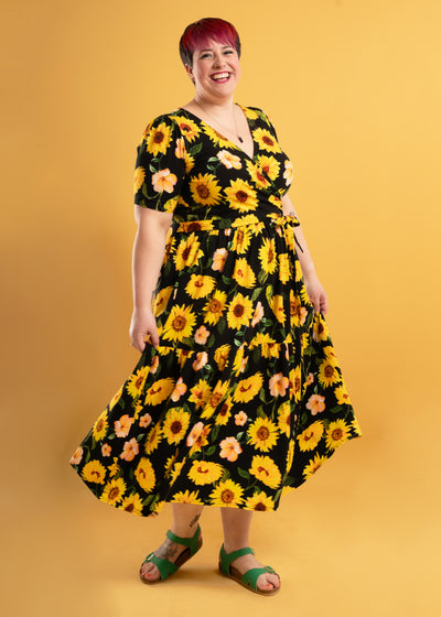 Solana Black Sunflower Print Tiered Hem Cotton Midaxi Dress