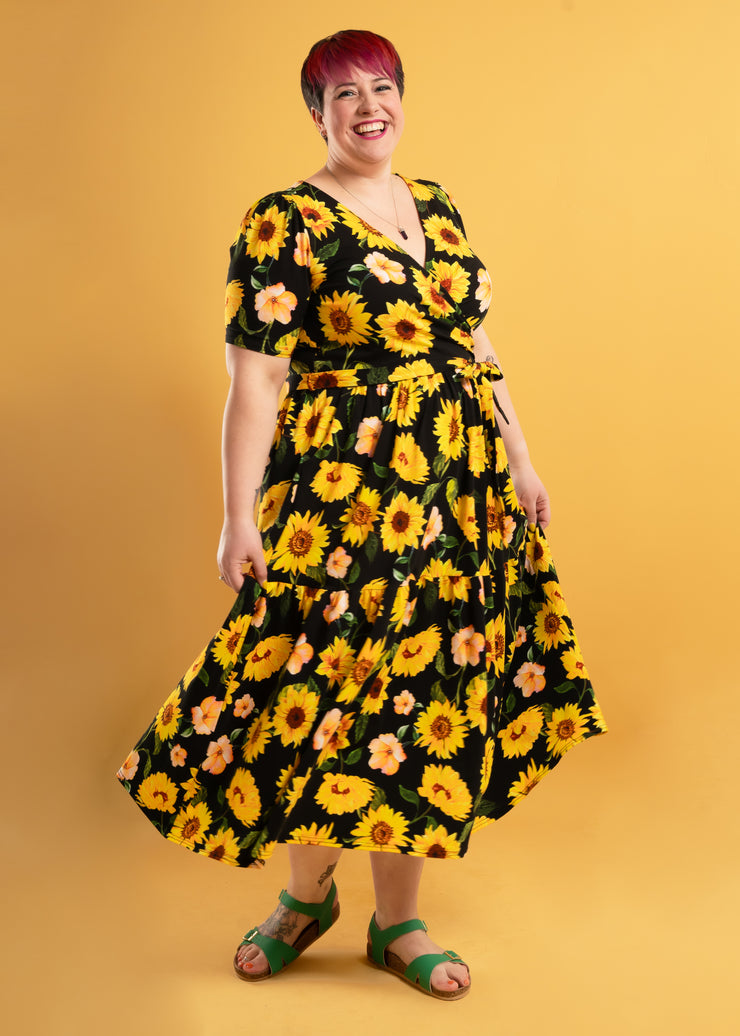 Solana Black Sunflower Print Tiered Hem Cotton Midaxi Dress