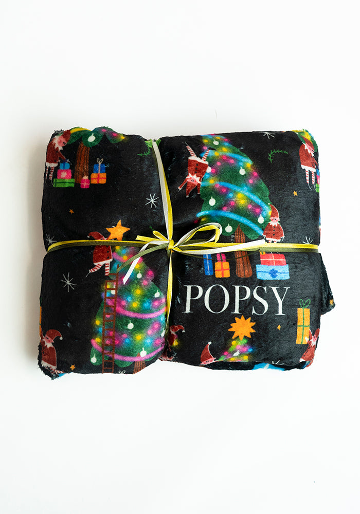 Navy Christmas Tree Elves Print Plush Throw Blanket (Pop-Under)