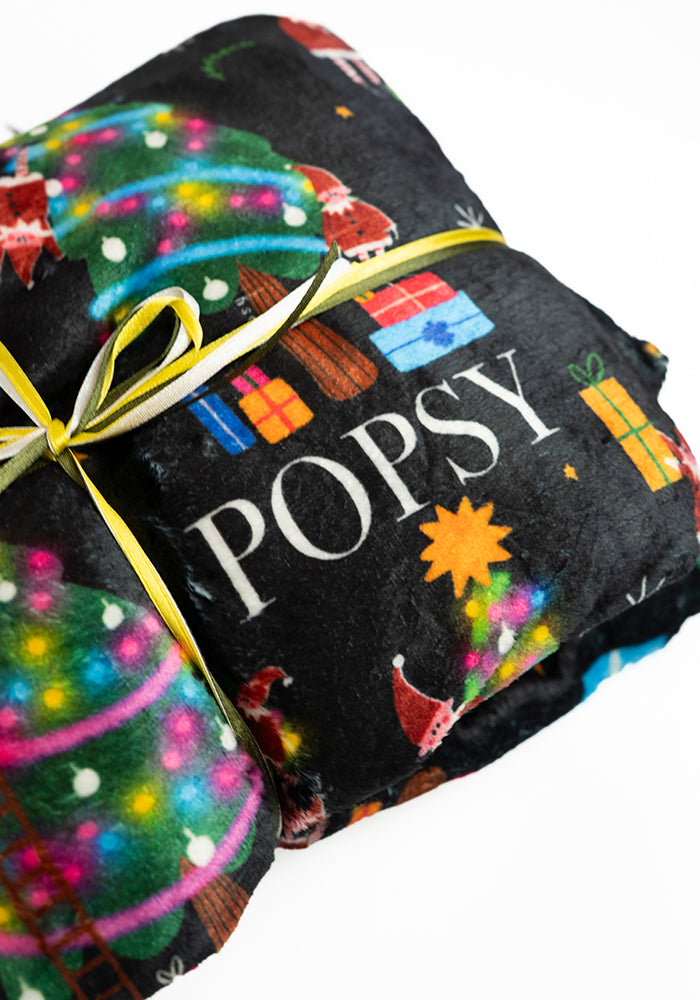 Navy Christmas Tree Elves Print Plush Throw Blanket (Pop-Under)