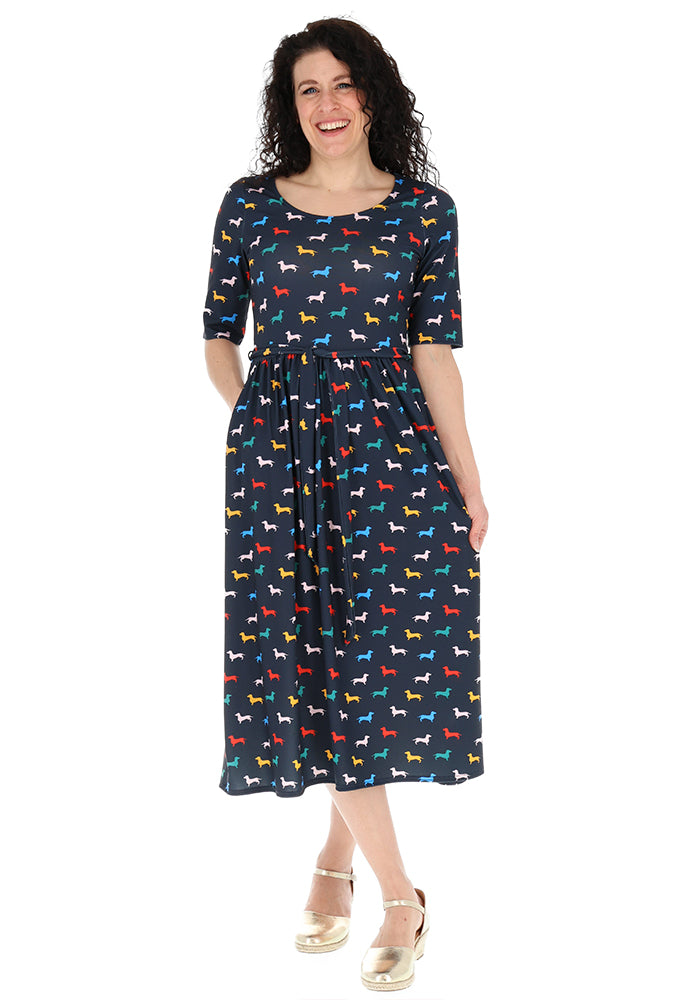 Front view of Eastyn Sausage Dogs Print Jersey Midi Dress