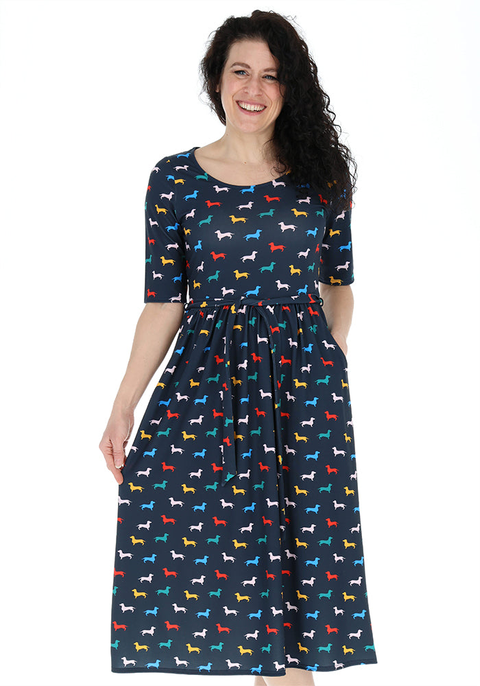 Third angle of Eastyn Sausage Dogs Print Jersey Midi Dress