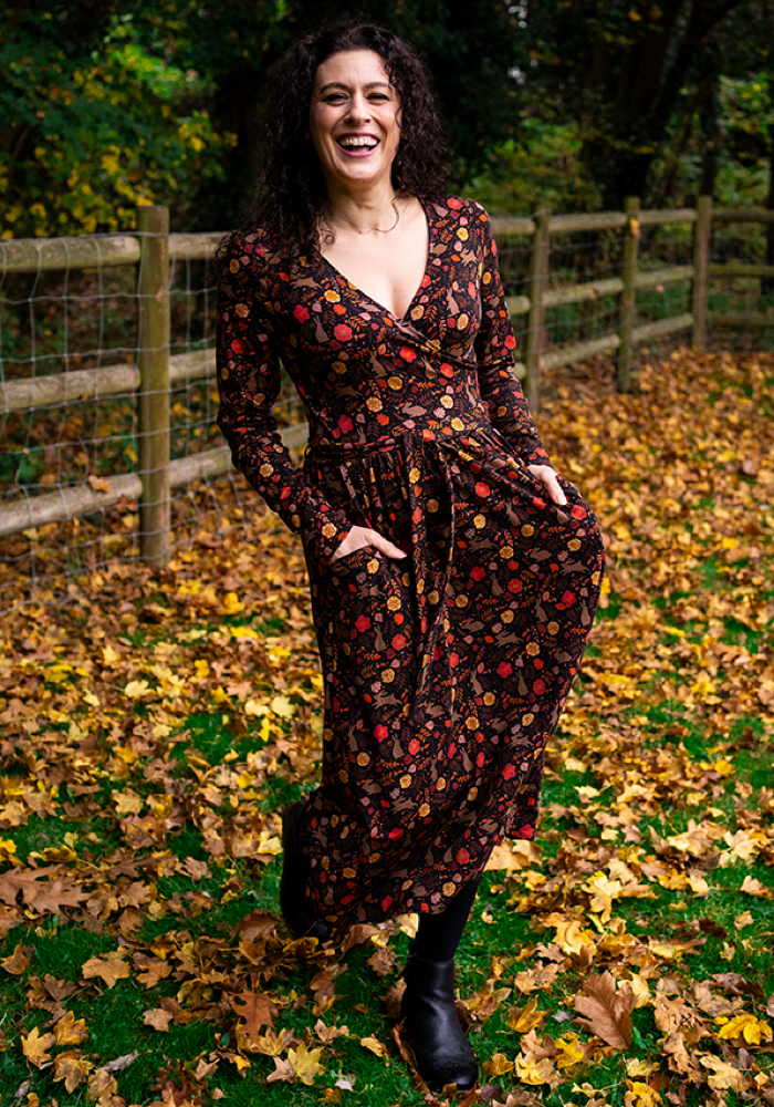 Front view of Echo Brown Rabbit Print Cotton Midi Dress