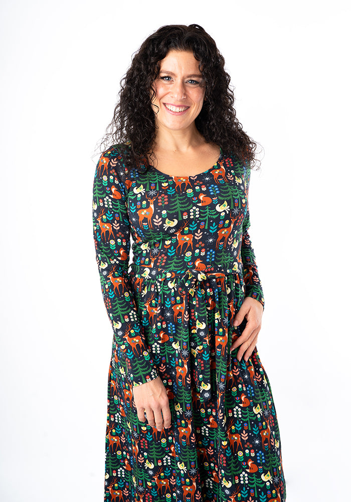Ninth angle of Edda Nordic Reindeer Print Cotton Midi Dress