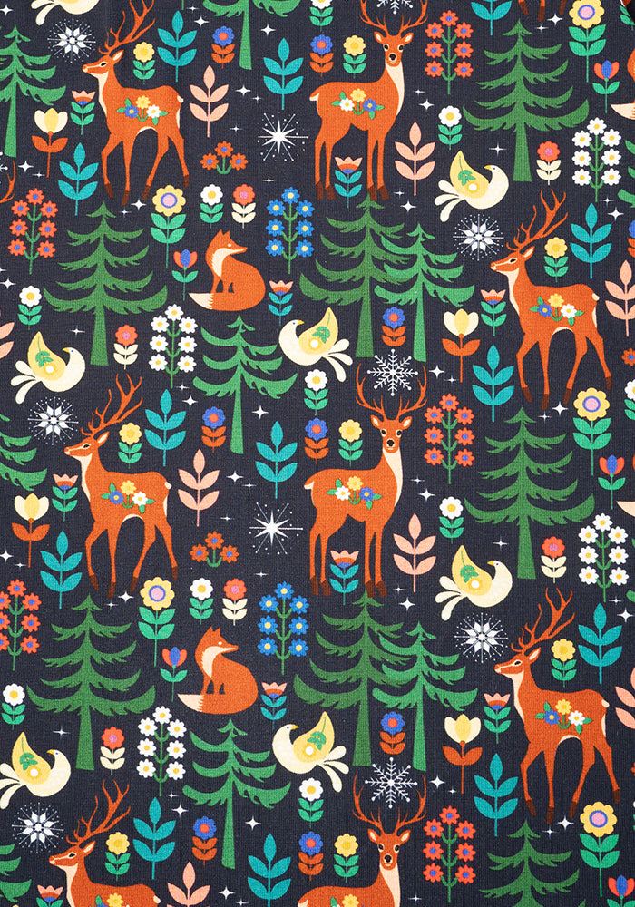 Third angle of Edda Nordic Reindeer Print Cotton Midi Dress
