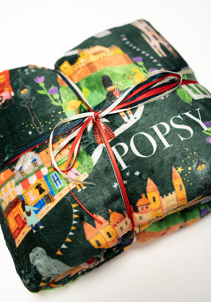 Seventh angle of Edinburgh Print Pop-under Plush Throw Blanket (Pop-Under), a cosy blanket with an Edinburgh inspired print.