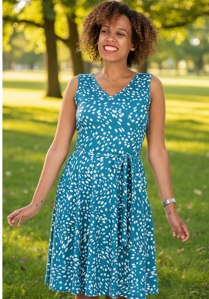 Front view of Edmee Irregular Spot Print Jersey Dress