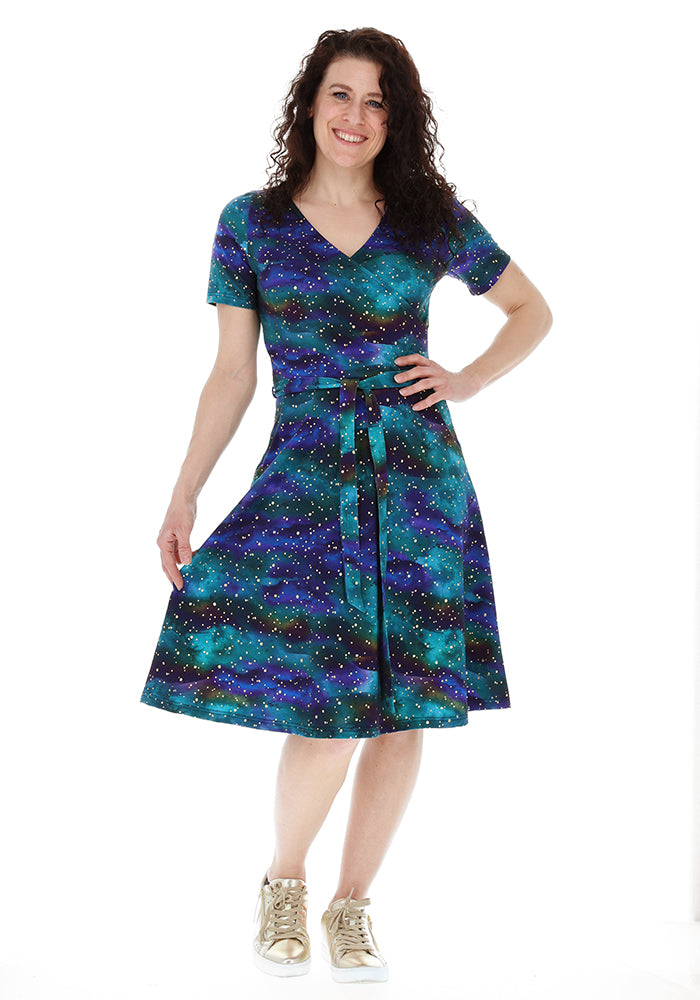 Third angle of Kylin Teal Ombre Gold Foil Spot Print Cotton Dress