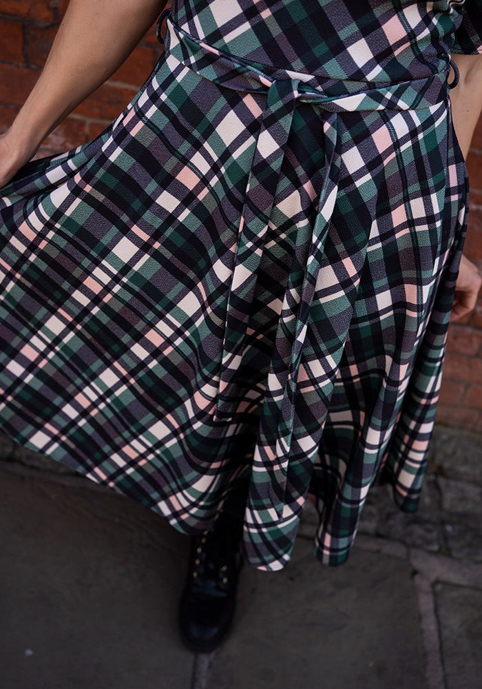 Eighth angle of Eilish Green Check Print Swing Dress