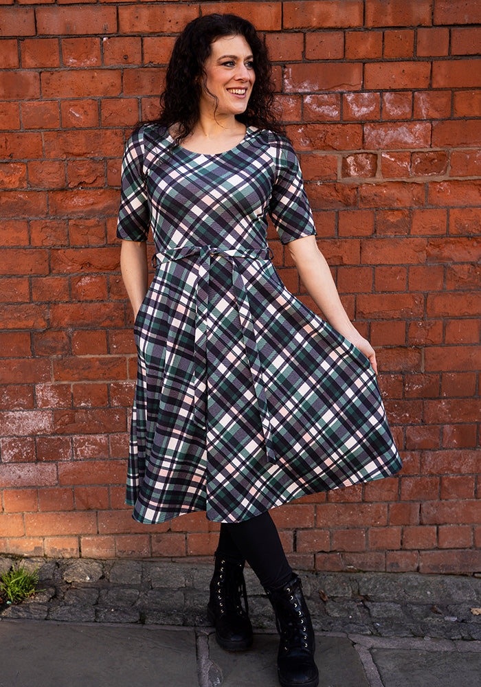 Front view of Eilish Green Check Print Swing Dress