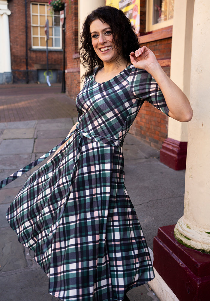 Fourth angle of Eilish Green Check Print Swing Dress