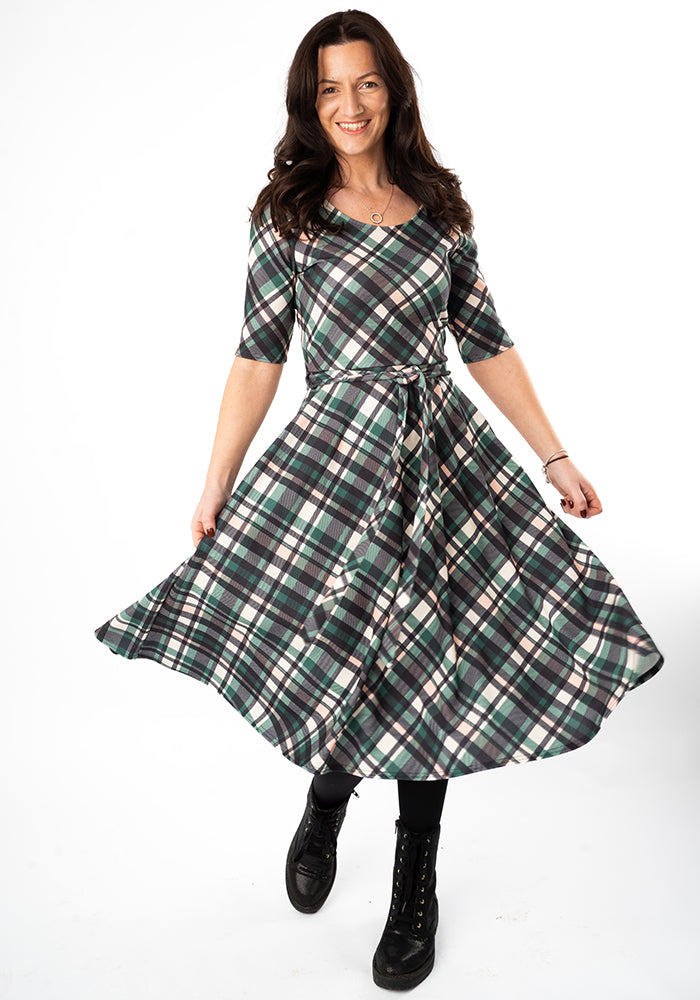 Ninth angle of Eilish Green Check Print Swing Dress