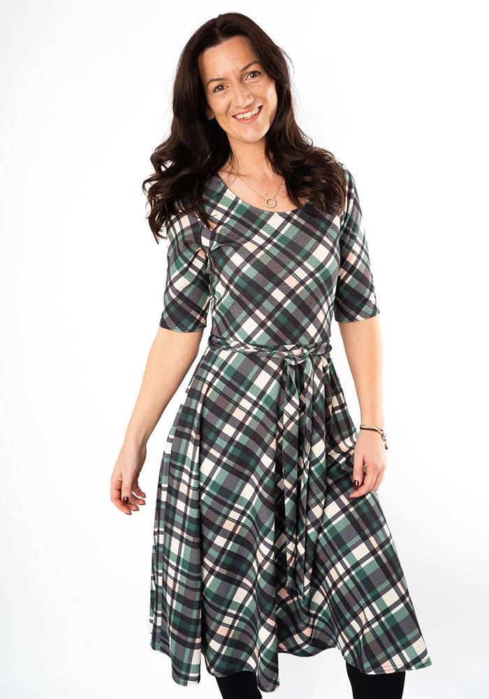 Third angle of Eilish Green Check Print Swing Dress