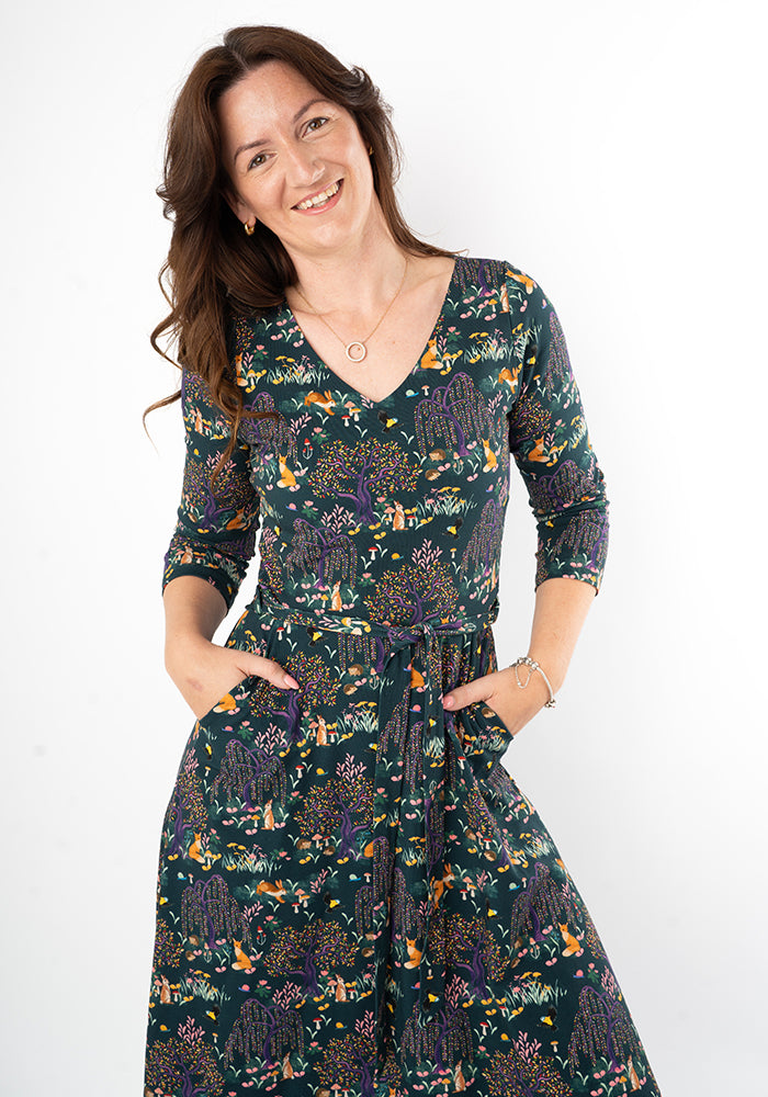 Third angle of Eisley Colourful Woodland Print Cotton Midi Dress