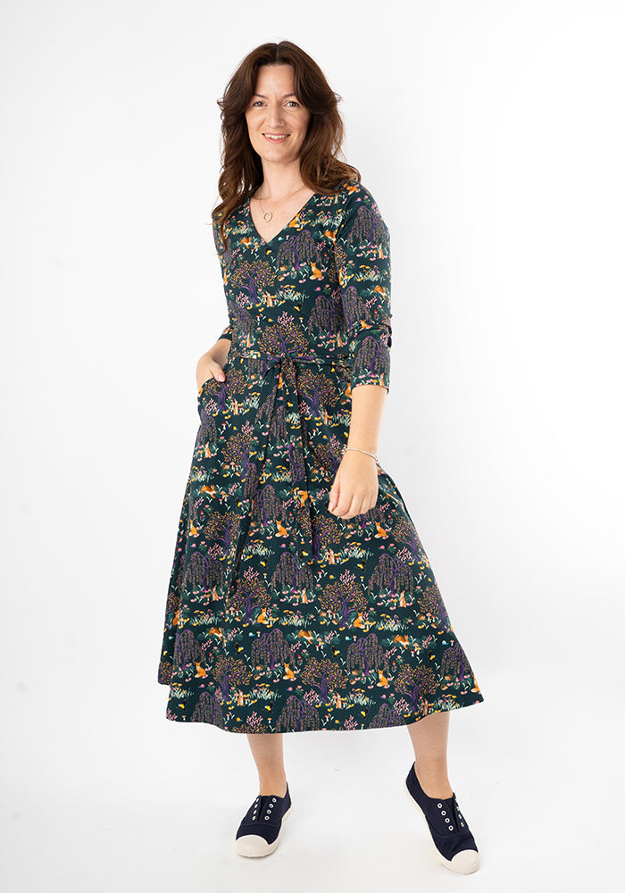 Front view of Eisley Colourful Woodland Print Cotton Midi Dress