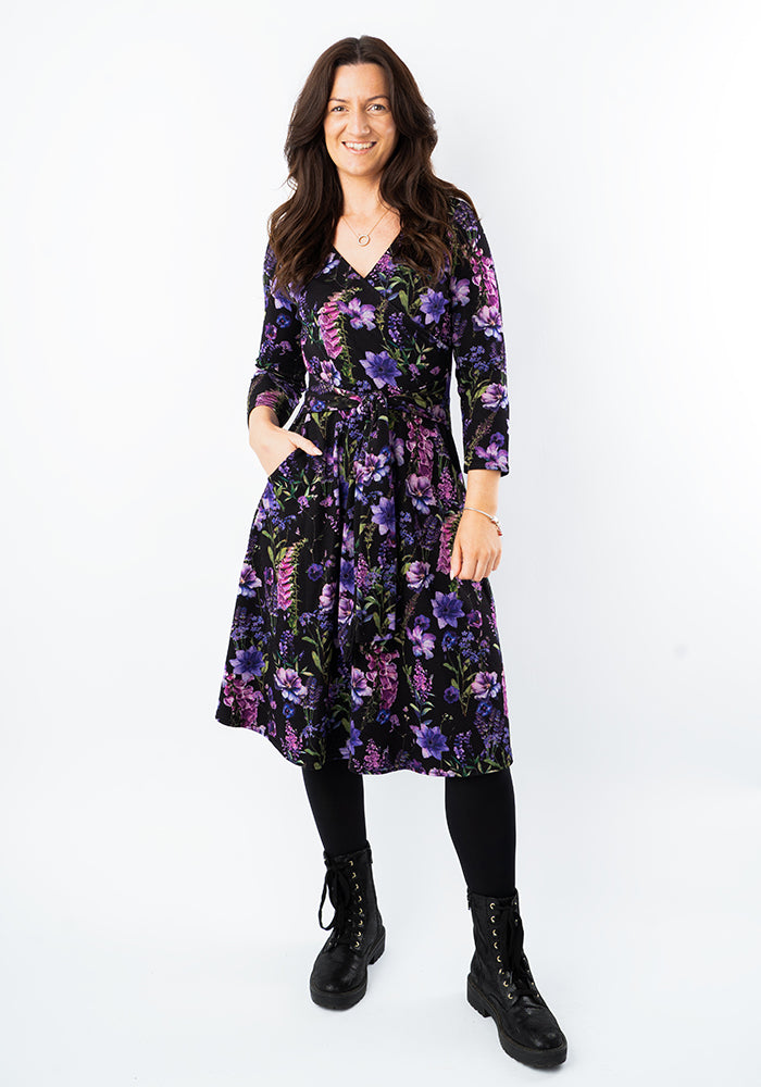 Front view of Elain Purple Botanical Floral Print Dress