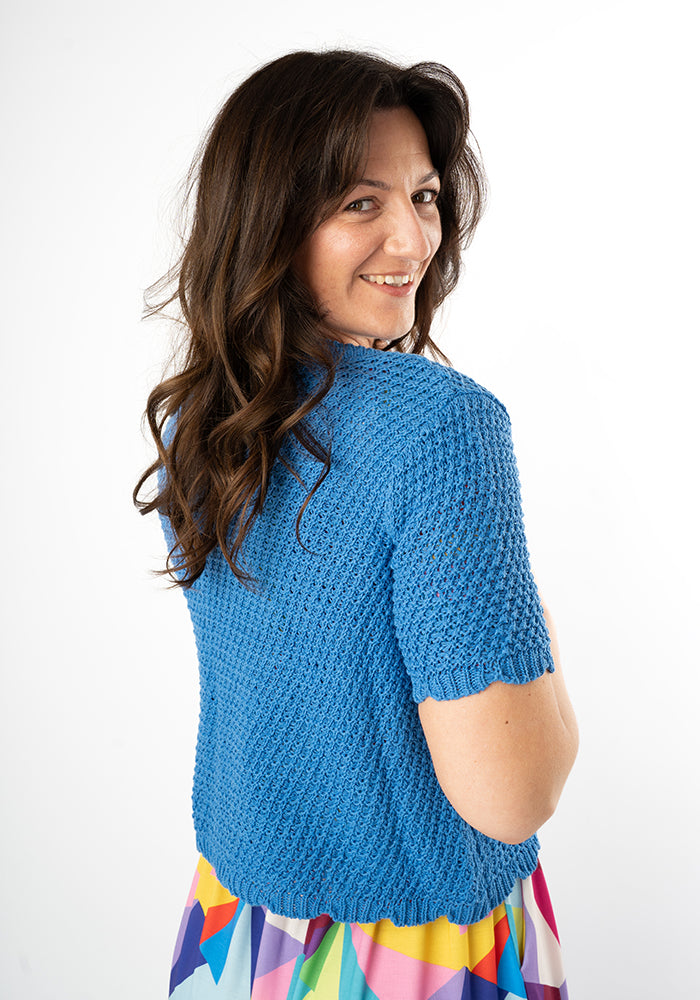 Second angle of Electric Blue Scallop Short Sleeve Cardigan