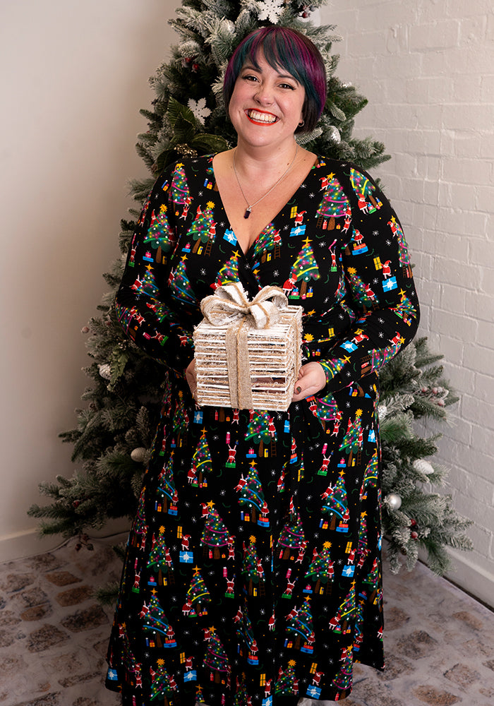 Elfreda Christmas Tree Elves Print Cotton Midi Dress
