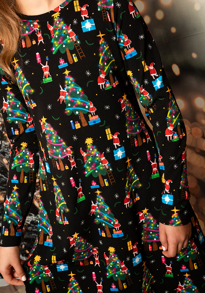 Children's Christmas Tree Elves Print Cotton Dress (Elfreda)