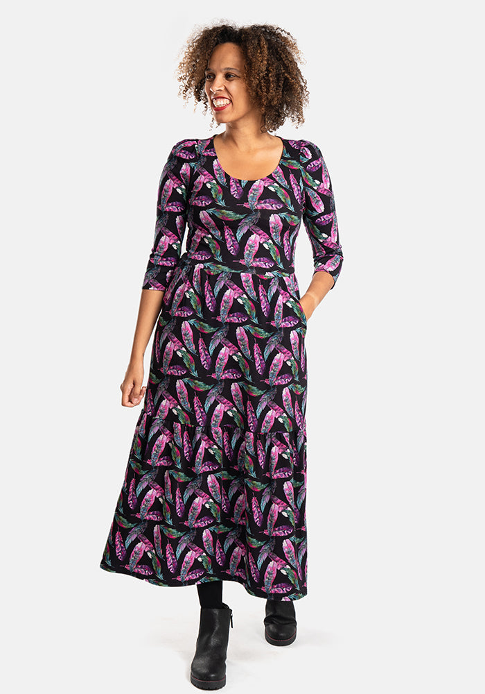 Seventh angle of Elida Feather Print Tiered Hem Cotton Midaxi Dress