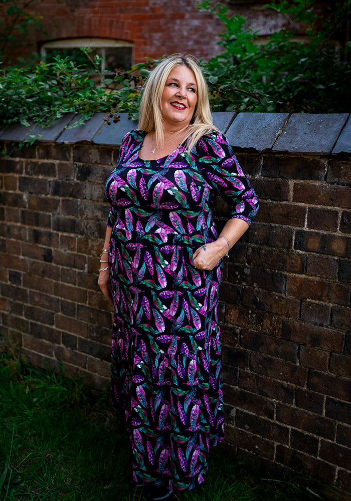 Front view of Elida Feather Print Tiered Hem Cotton Midaxi Dress