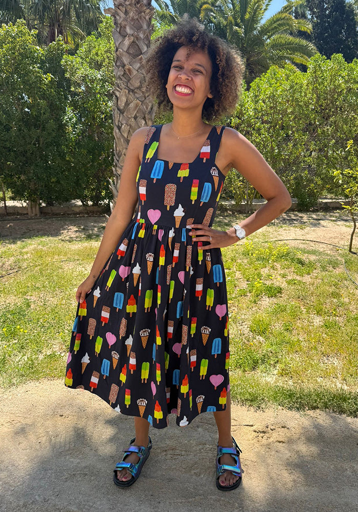 Front view of Elma Ice Cream &amp; Lollies Print Cotton Midi Dress