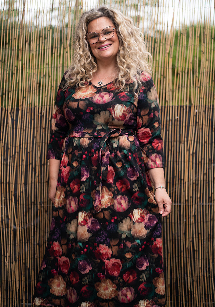 Front view of Kae Blurred Floral Print Cotton Midi Dress