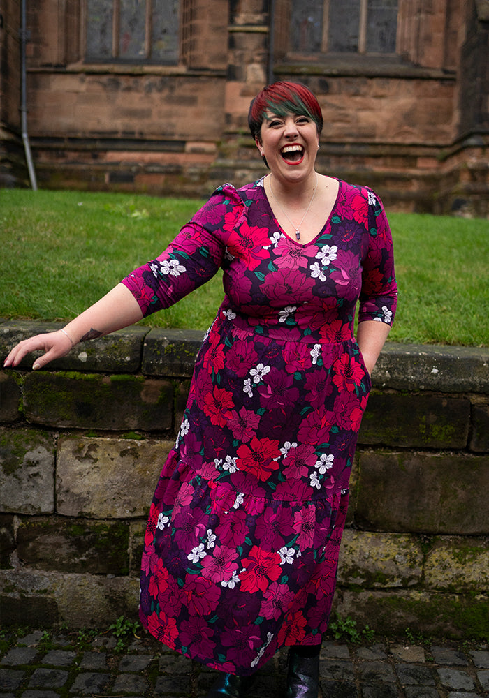 Eleventh angle of Elora Bold Floral Print Cotton Tiered Hem Midaxi Dress
