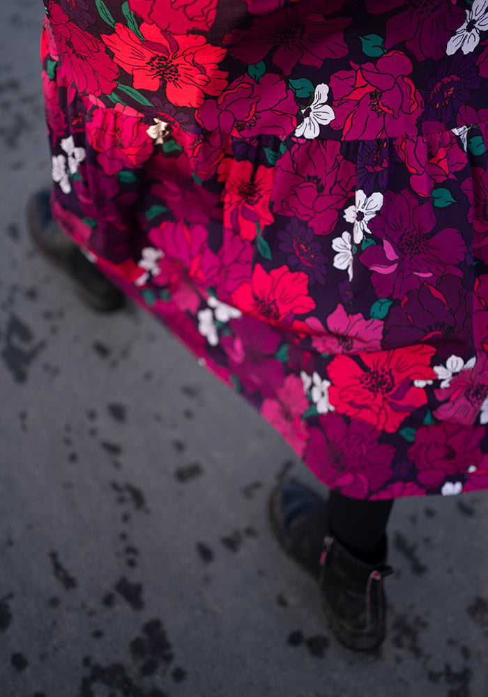 Third angle of Elora Bold Floral Print Cotton Tiered Hem Midaxi Dress