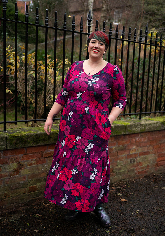 Eighth angle of Elora Bold Floral Print Cotton Tiered Hem Midaxi Dress