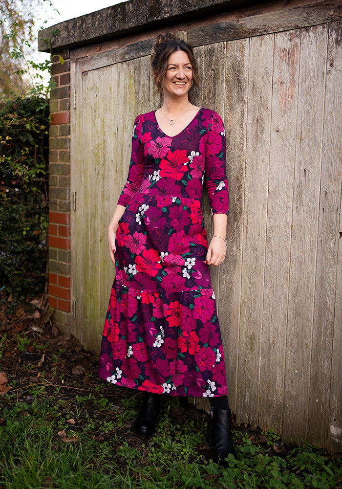 Sixth angle of Elora Bold Floral Print Cotton Tiered Hem Midaxi Dress