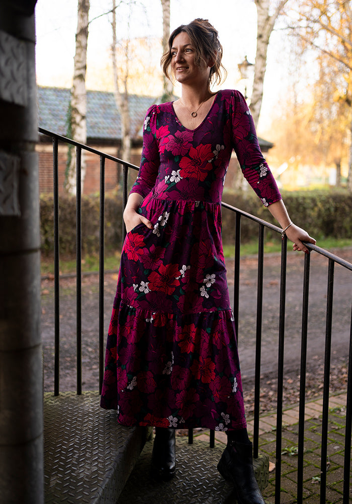 Fifth angle of Elora Bold Floral Print Cotton Tiered Hem Midaxi Dress