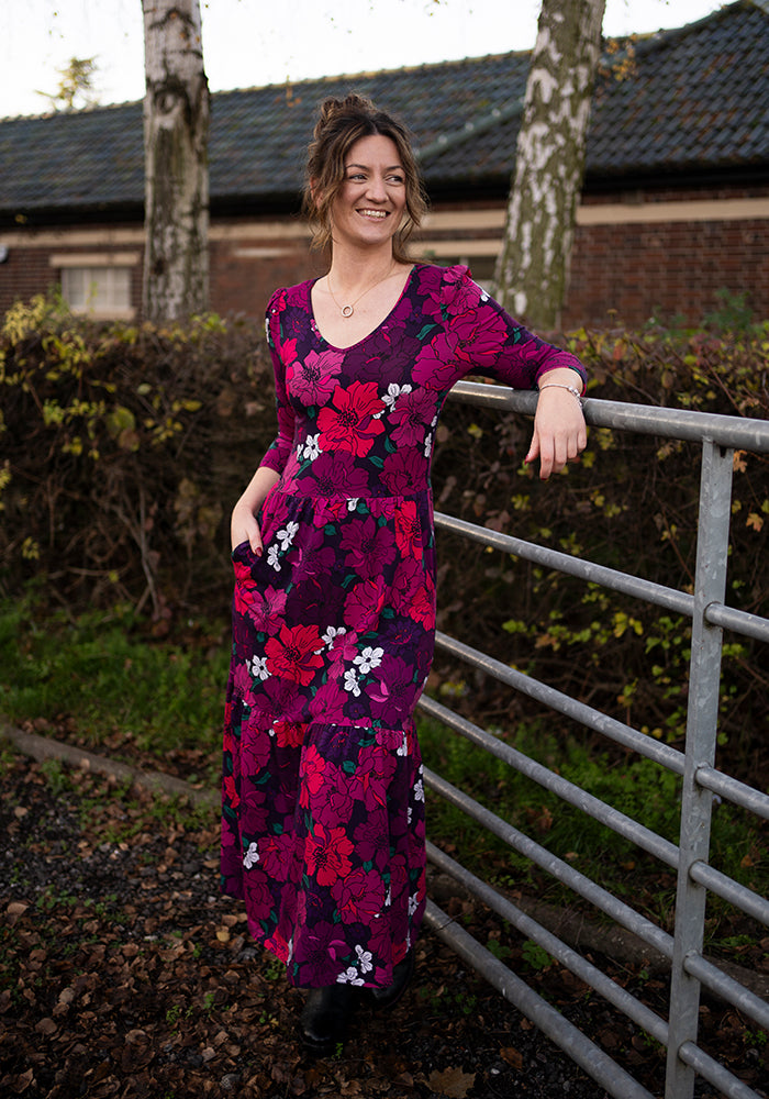 Front view of Elora Bold Floral Print Cotton Tiered Hem Midaxi Dress