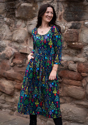 Elric Christmas Trees Print Midi Cotton Dress (Navy)