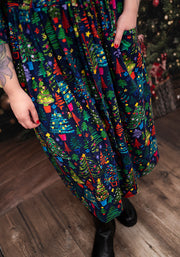 Elric Christmas Trees Print Midi Cotton Dress (Navy)