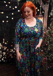 Elric Christmas Trees Print Midi Cotton Dress (Navy)