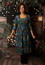 Elric Christmas Trees Print Midi Cotton Dress (Navy)