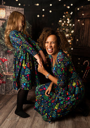 Elric Christmas Trees Print Midi Cotton Dress (Navy)