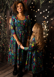 Elric Christmas Trees Print Midi Cotton Dress (Navy)