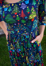 Elric Christmas Trees Print Midi Cotton Dress (Navy)