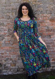 Elric Christmas Trees Print Midi Cotton Dress (Navy)