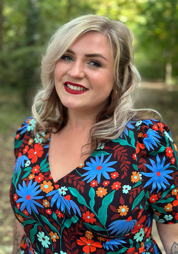 Ninth angle of Elspeth Painted Blue &amp; Orange Floral Print Midaxi Dress
