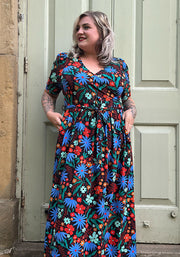 Elspeth Painted Blue & Orange Floral Print Midaxi Dress