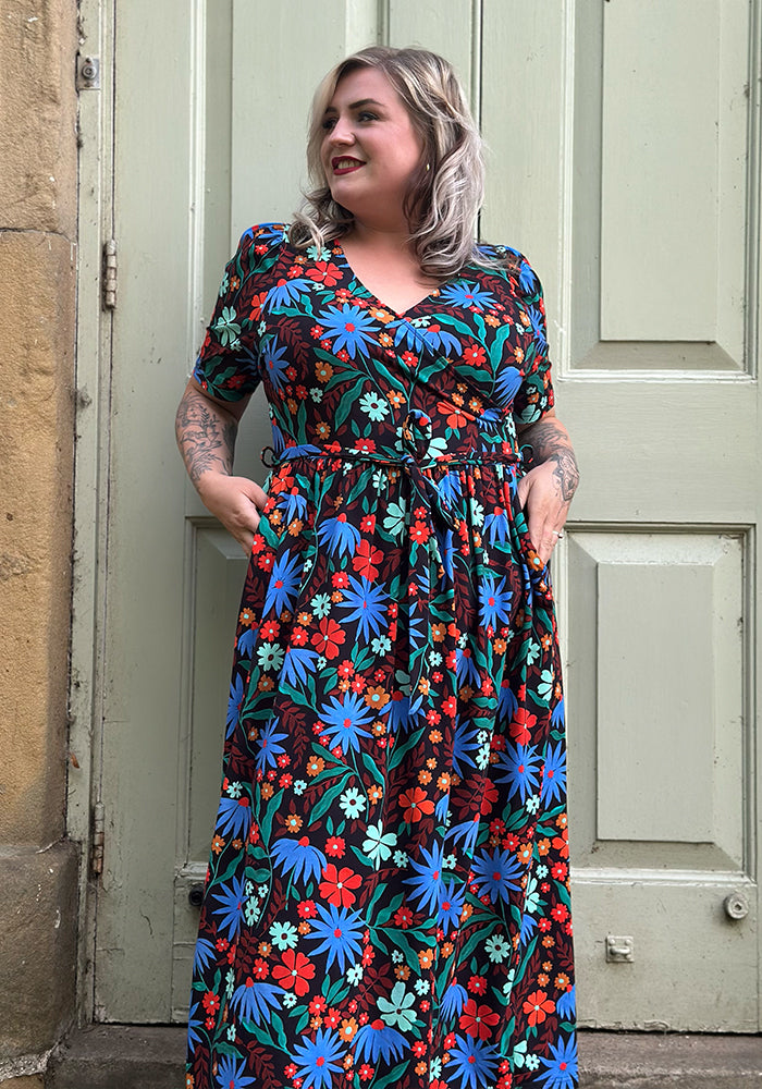 Front view of Elspeth Painted Blue &amp; Orange Floral Print Midaxi Dress
