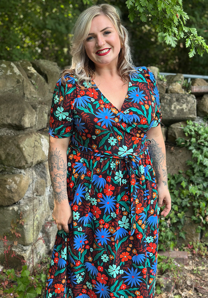 Fourth angle of Elspeth Painted Blue &amp; Orange Floral Print Midaxi Dress