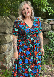 Elspeth Painted Blue & Orange Floral Print Midaxi Dress