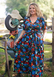 Elspeth Painted Blue & Orange Floral Print Midaxi Dress