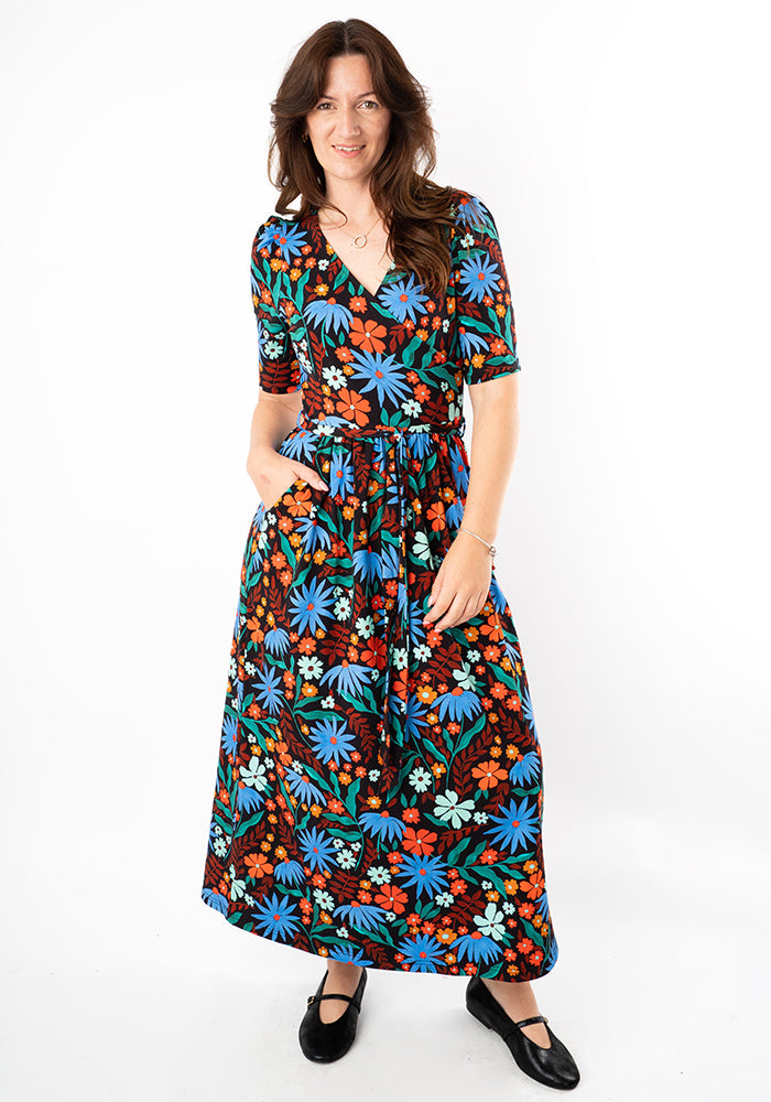 Fifth angle of Elspeth Painted Blue &amp; Orange Floral Print Midaxi Dresshbj02es