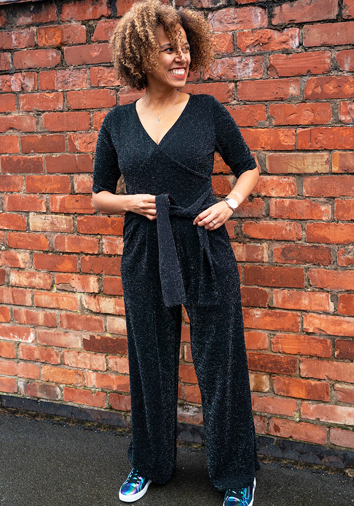 Elviana Black/Silver Glitter Full Length Jumpsuit