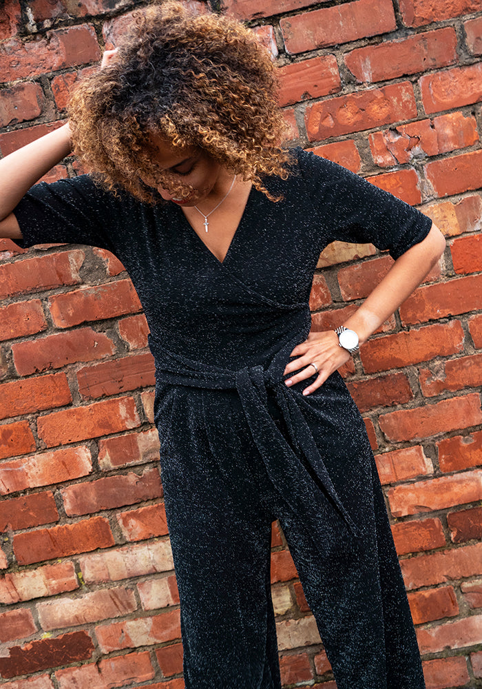 Elviana Black/Silver Glitter Full Length Jumpsuit